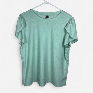 SHEIN Mint Green Eyelet Flutter Sleeve Top XL Cottagecore Pastel Blouse